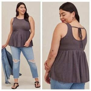 Torrid Plus Size Gray Hue Babydoll Feather Soft Tie Back Slub Tank, 3/3X
